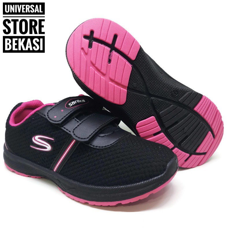 SEPATU SEKOLAH ANAK PEREMPUAN CEWEK PAUD TK SD SANTICA AKITA HITAM PINK SNEAKERS CASUAL ANAK MURAH