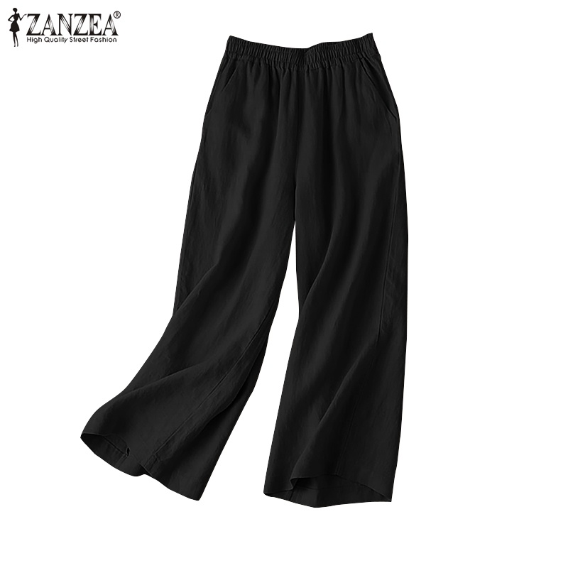 ZANZEA Women Elastic Waist Wide Leg Straight Long Pants Plus Size Pants