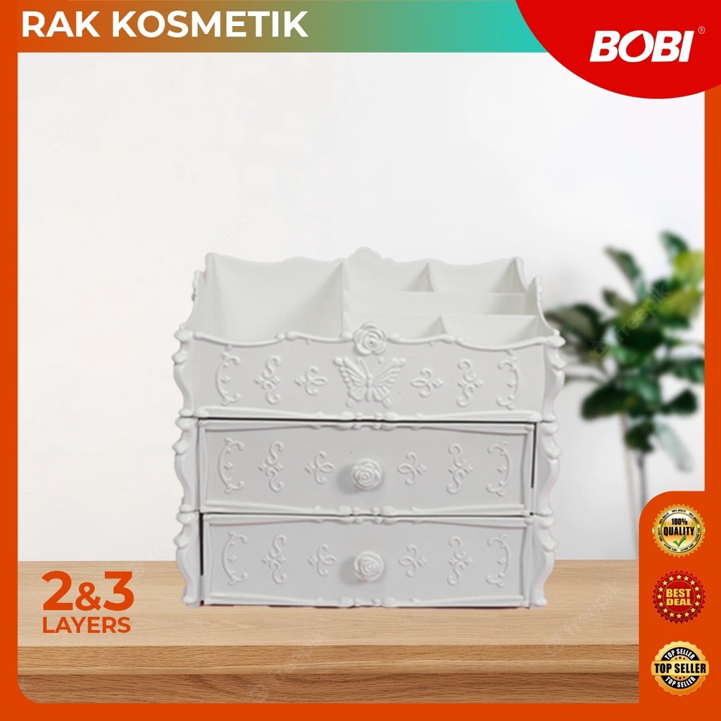 Rak kosmetik putih motif kode 998 / Rak makeup susun 2 laci dan 3 laci / Rak Kosmetik tempat make up cantik BOBI