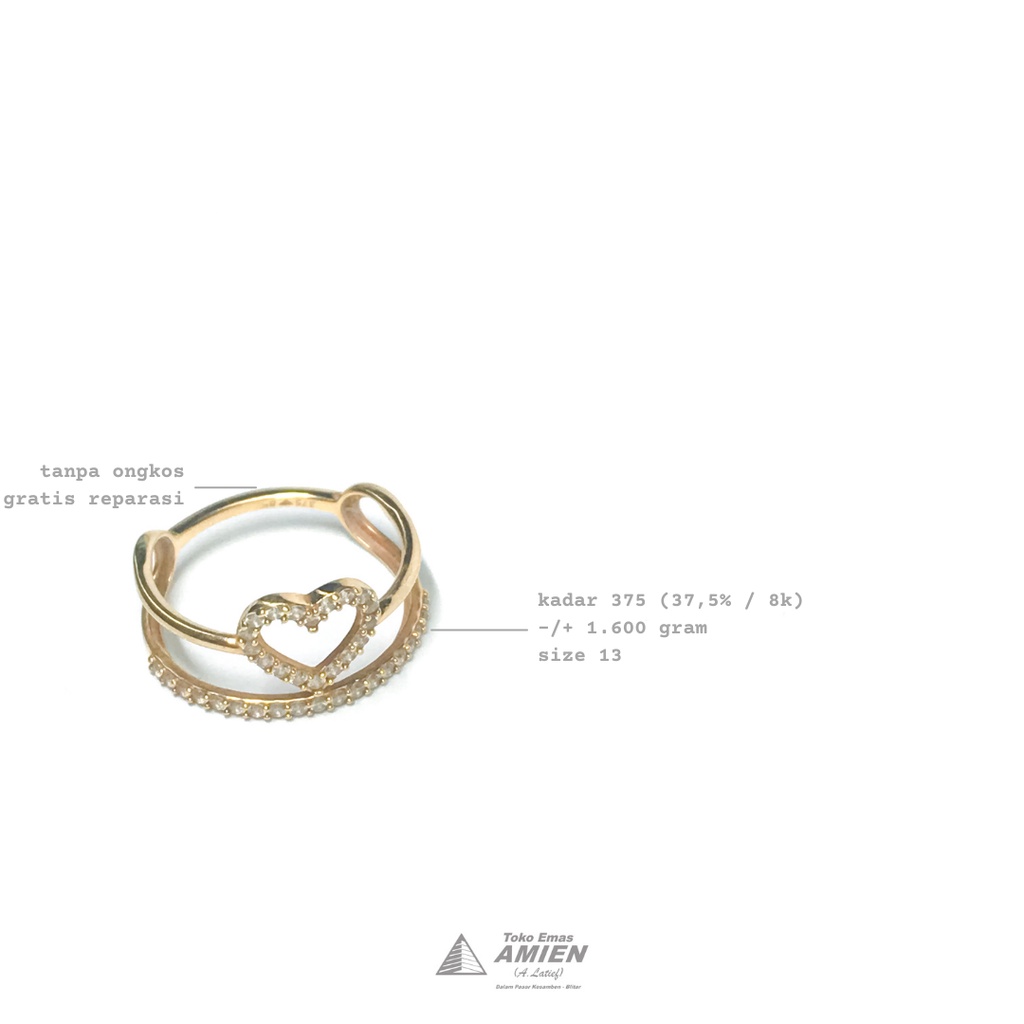 Toko Emas Amien Cincin Emas Asli UBS Kadar 375 (37,5% / 8K) 1.600 Gram - Love Listring Permata 2 Lay