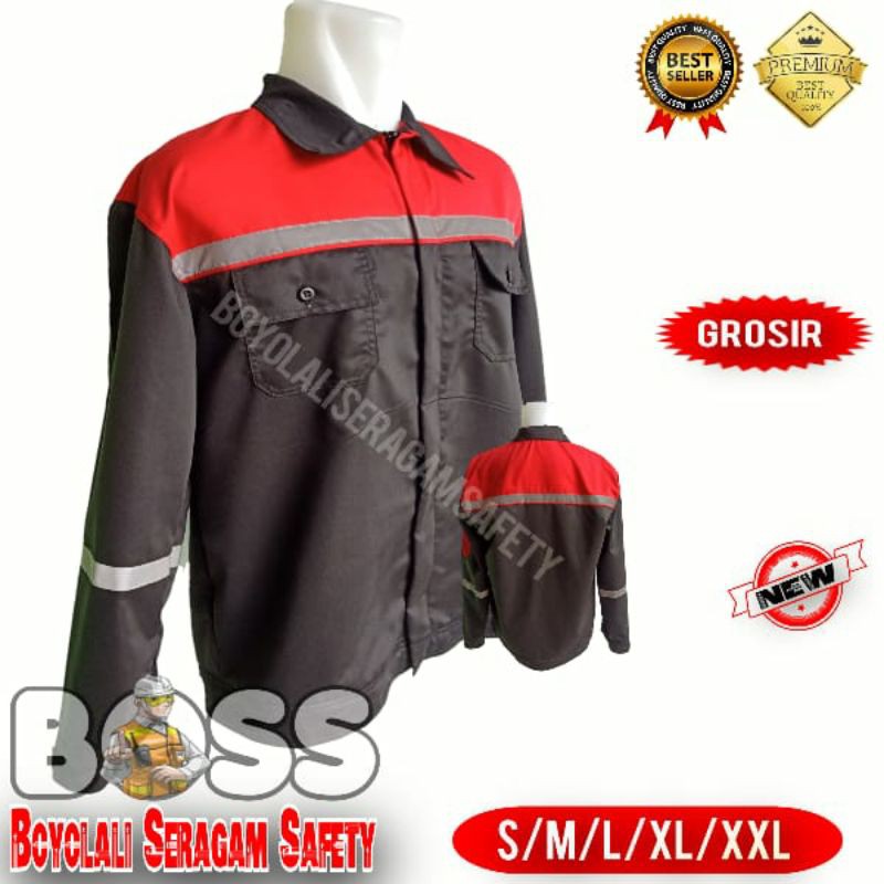 BAJU KERJA SAFETY KOMBINASI HITAM MERAH