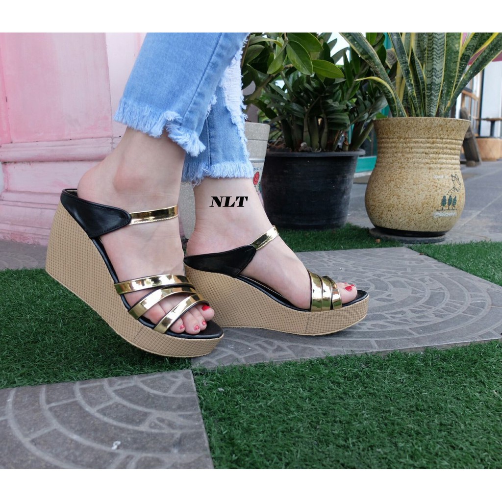 NunuLisaTan- Real Pic Termurah Sepatu Tinggi Wanita Wedges Pesta Selop 7cm MR19