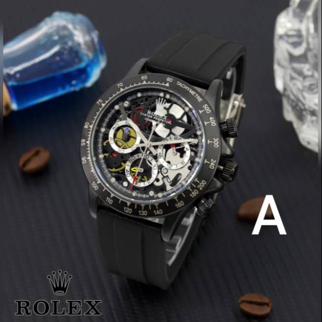 JAM TANGAN PRIA ROLEX CHRONO HITAM RUBBER SEMI SUPER