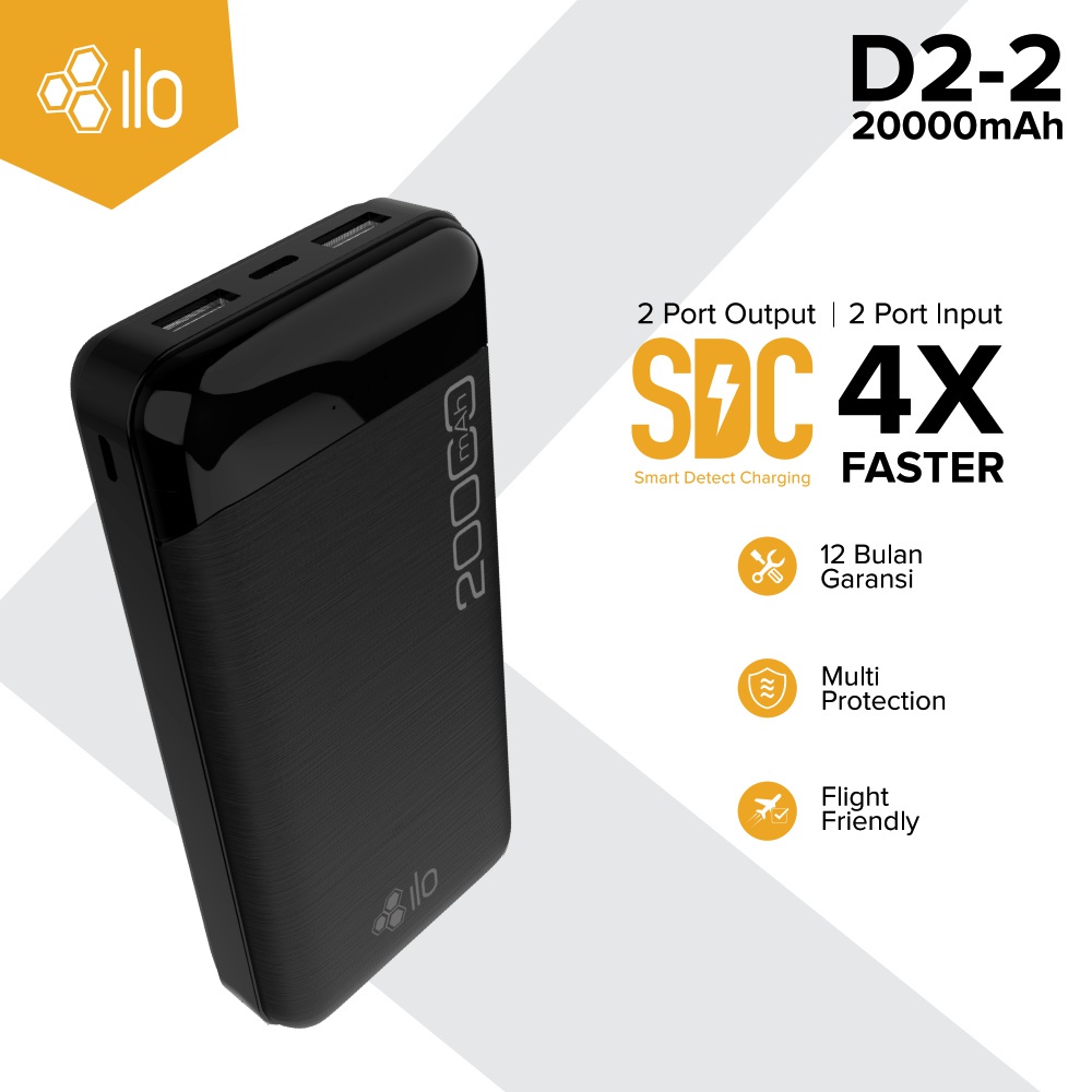 Powerbank ILO D2 20000mAh Smart Detect Charging - Multi Protection - Flight Friendly