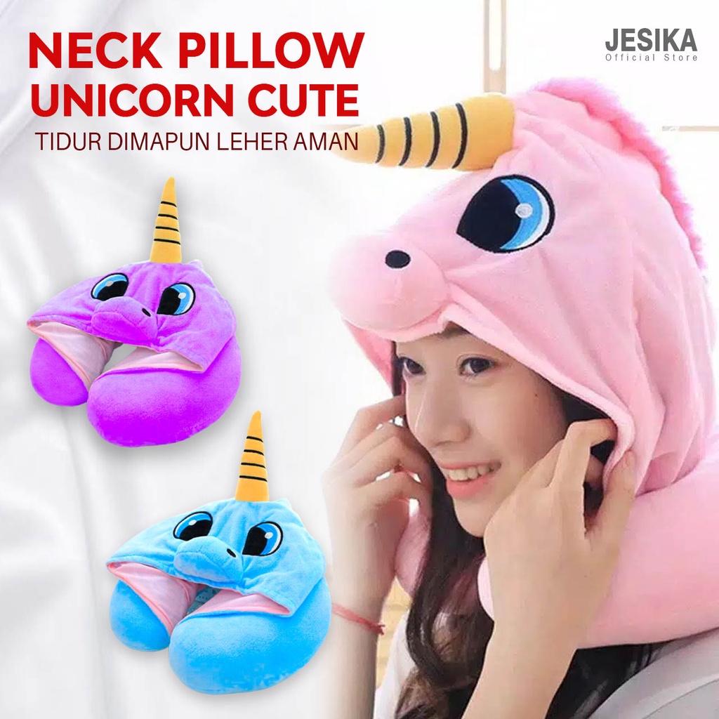 Bantal leher neck pillow hoodie travel traveling gemoy mini anak dewasa aesthetic lucu karakter unicorn imut empuk dan lembut import