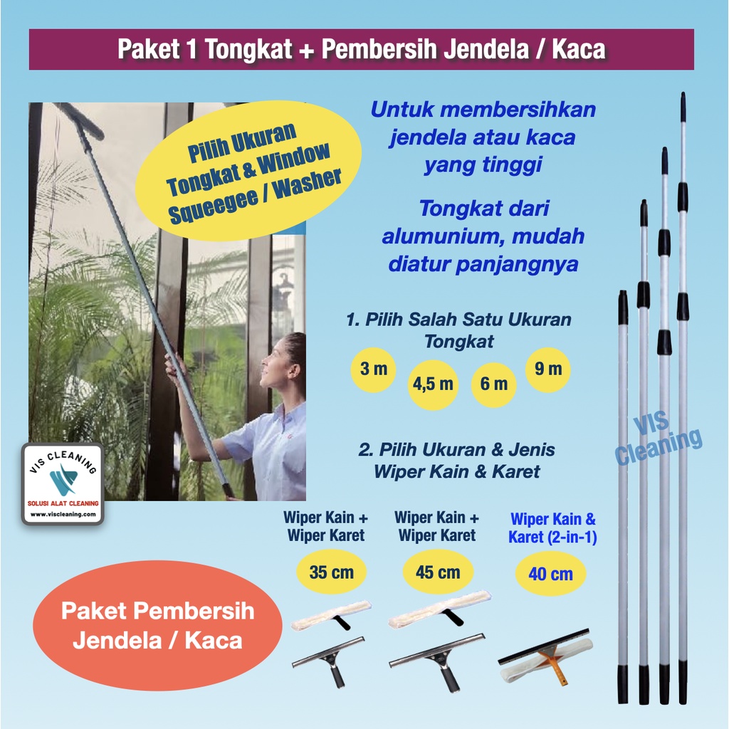 Paket Lengkap Tongkat Teleskopik / Telescopic Pole 6 m+Pembersih Jendela+Sikat Sawang