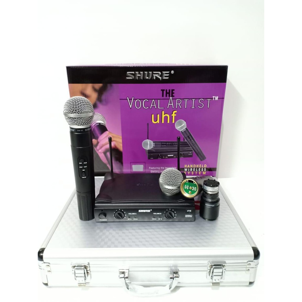 SHURE Mic wireless sepasang koper microphone wireles karaoke sound suara audio vocal vokal pro 1Bh Receiver 2Bh Mic Handle pegang 1bh Koper Frequency UHF jarak bisa pakai sampe 20-30 meter suara bagus, jernih dan empuk cocok buat karaoke, pidato, seminar,