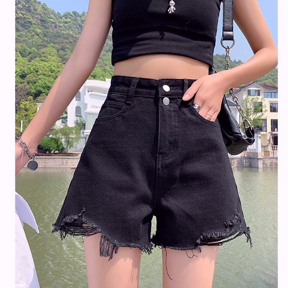 Celana jeans pendek wanita korea style hotpants denim hitam Abu-abu ripped short  high waist pinggang tinggi sobek cewe xl xxl perempuan jens