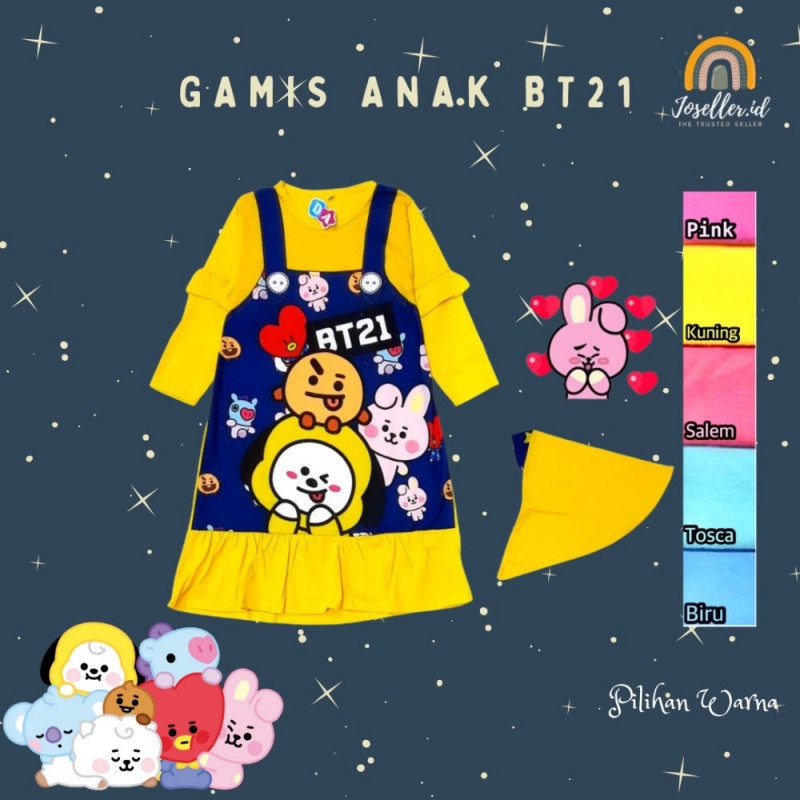 DRESS GAMIS MUSLIM SET HIJAB ANAK PEREMPUAN MOTIF KARAKTER 10 BTS BT21 2-10 TAHUN