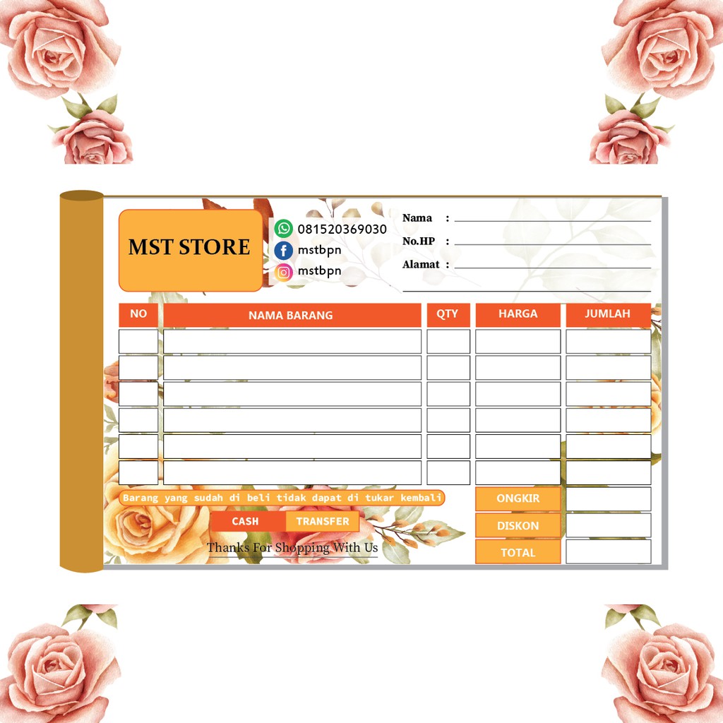 

Nota Olshop Rose H / Nota Penjualan / Paket Hemat Nota 4 Buku Lanscape