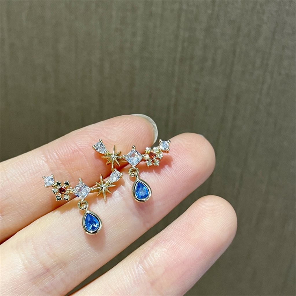 Hu Hu Hu Hu Hu Alat Bantu Pasang Kacamata♡ Kalung Wanita Bahan Tembaga Silver Aksen Zircon Bentuk Water Drop Warna Biru Gaya Vintage Untuk Musim Panas