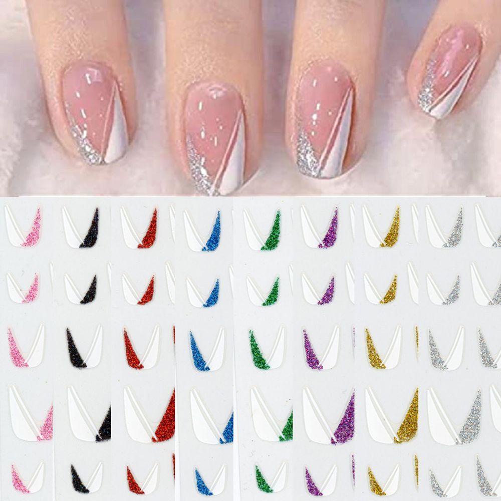 Agustina French Tips Stiker Kuku Kreatif Mode Geometri Mengkilap Glitter French Line Nail Slider Gadis DIY Manicure Aksesoris Putih Sliders Decals