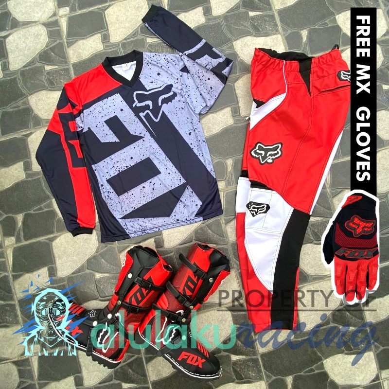 Jersey, Celana, Sarung Tangan &amp; Sepatu Fullprint with Protectors Fullset MX Trail Motocross - Paket Bundling FOCTFG101003-F43