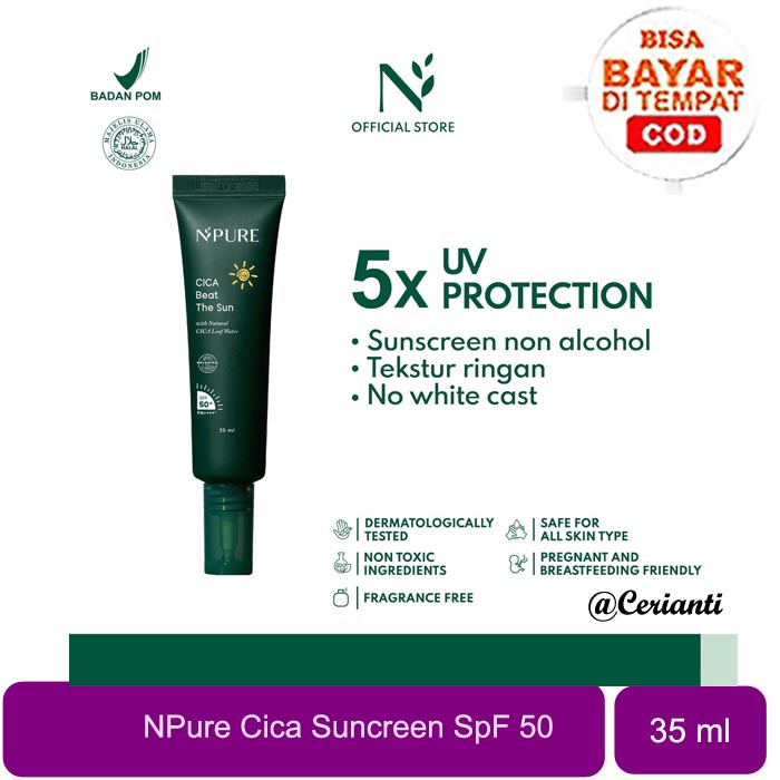 [GARANSI NO WHITECAST] N'PURE Cica Beat The Sun SPF 50 PA ++++ | Tabir Surya Dengan Proteksi Anti Acne 35ml_Cerianti