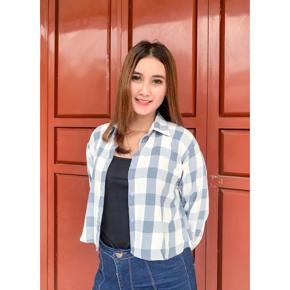 Crop Shirt Tartan Kemeja Crop Crinckle Kotak Alika Blouse Crinkle