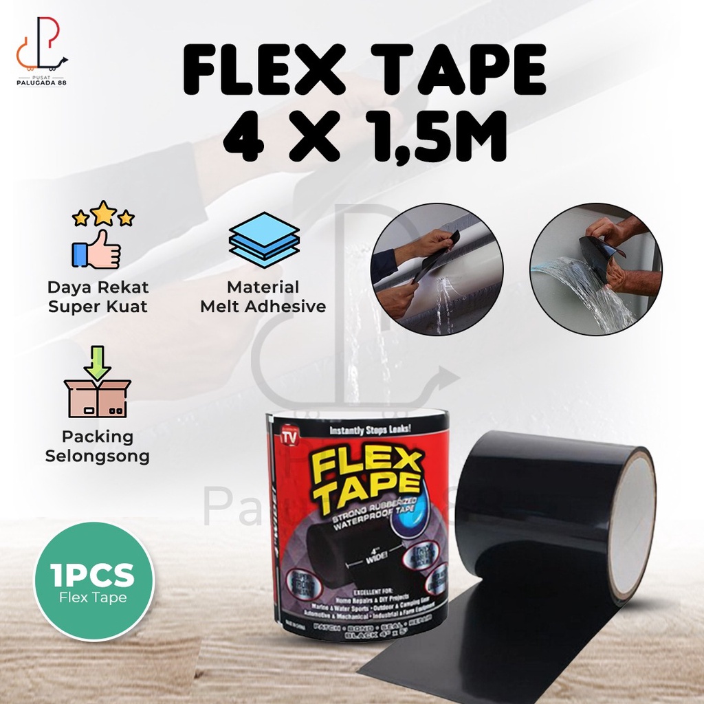 Lakban Penambal Anti Bocor Pipa Selang Plastik Tambal Kuat Tape 4&quot; x 1,5m Flex isolasi ajaib super waterproof Lem kran selotip 4 INCH X 1.5 METER HITAM Perekat Serbaguna FLEX TAPE 4 x 1,5 m