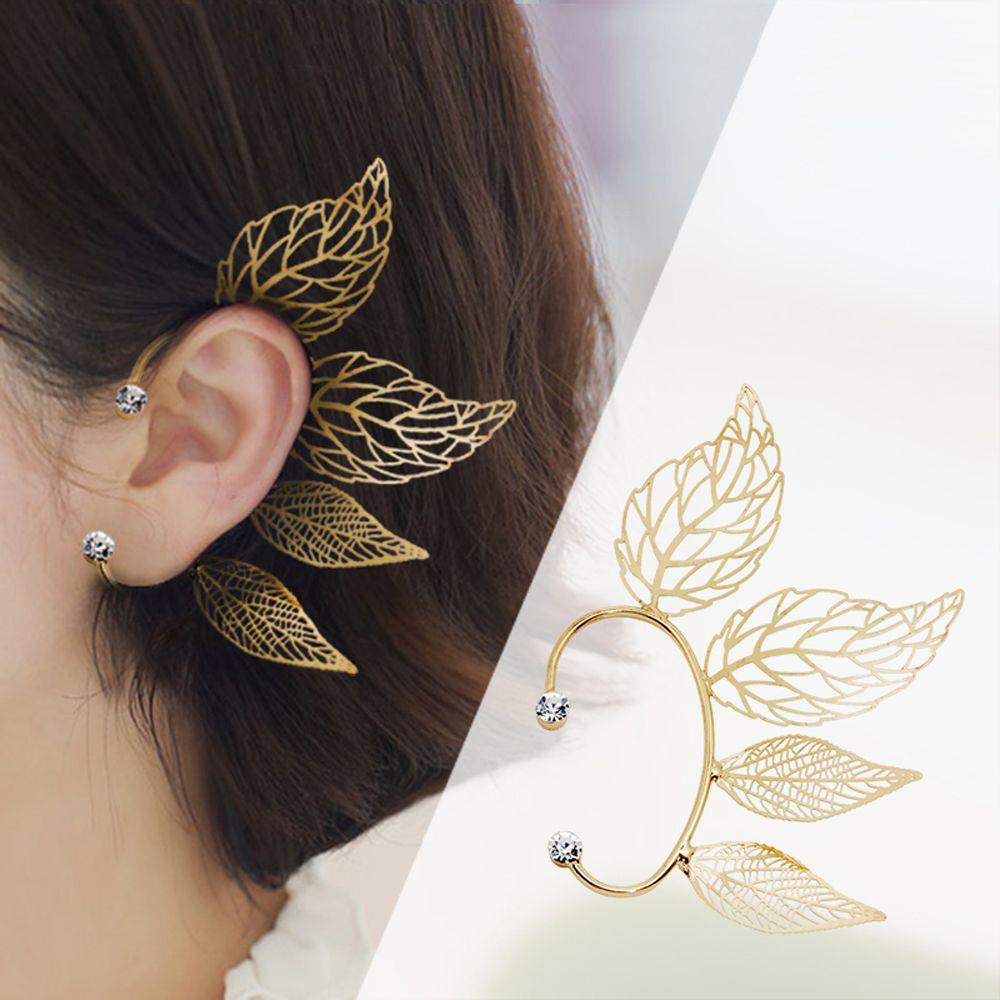 Mxbeauty Wanita Klip Telinga Kiri Trendi Elegan Daun Berongga Perhiasan Telinga Palsu Zirkon Klip On Anting