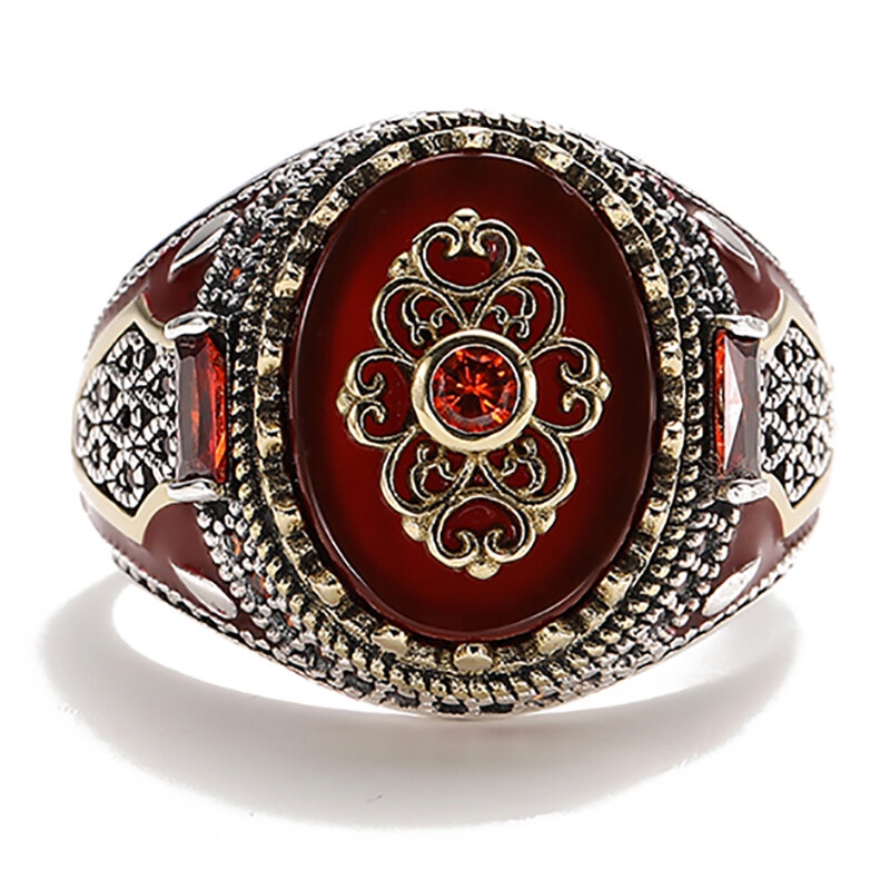 Fashion Cincin Batu Merah Bentuk Mahkota Gaya Vintage Untuk Pria Dan Wanita Suvenir Pesta Bergaya dan Sederhana