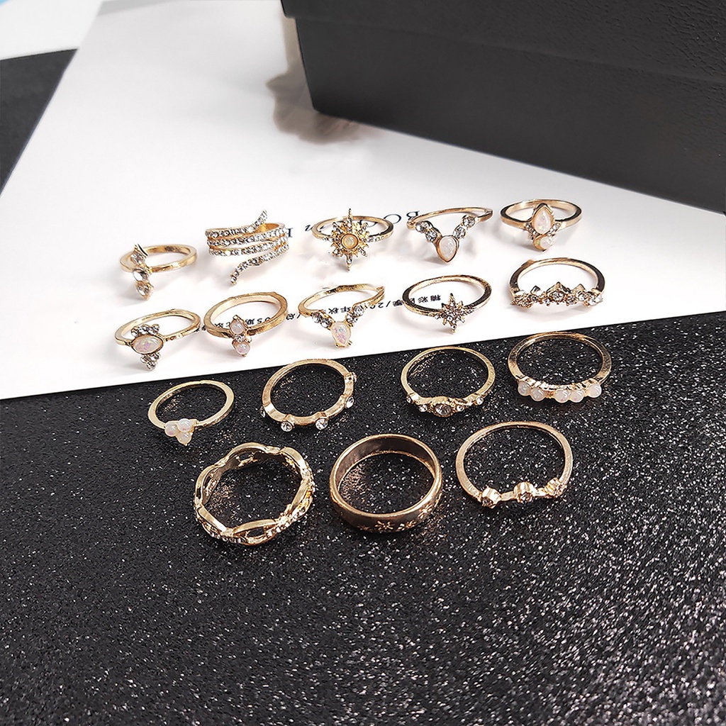 Hu Hu Hu Hu Hu Alat Bantu Pasang Kacamata♡ 17pcs Cincin Knuckle Bahan Alloy Desain Ukiran Hias Permata Imitasi Gaya Unikbohoetnik Untuk Wanita