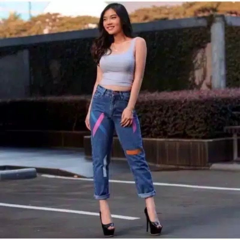 FREE BELT CELANA JEANS BOYFRIEND // CELANA JEANS MOTIF GARIS // CELANA WANITA