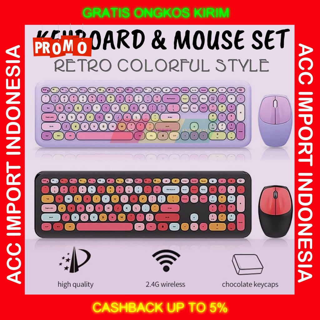 Keyboard Mouse Wireless Retro Tombol Bulat Tuts Cute Pink PC Laptop HP