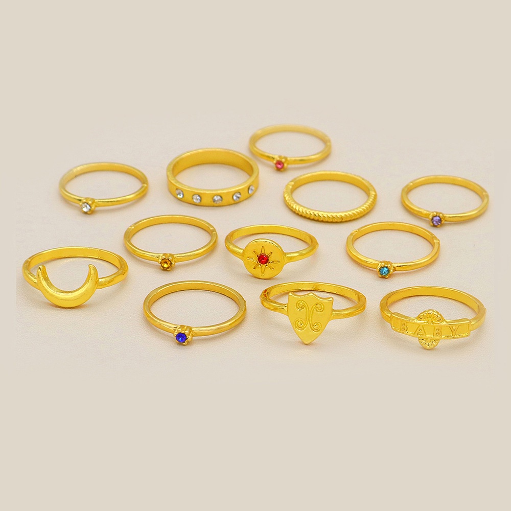 12 Pcs / set Cincin Emas Berlian Warna-Warni Bentuk Matahari Bulan Gaya Eropa Amerika