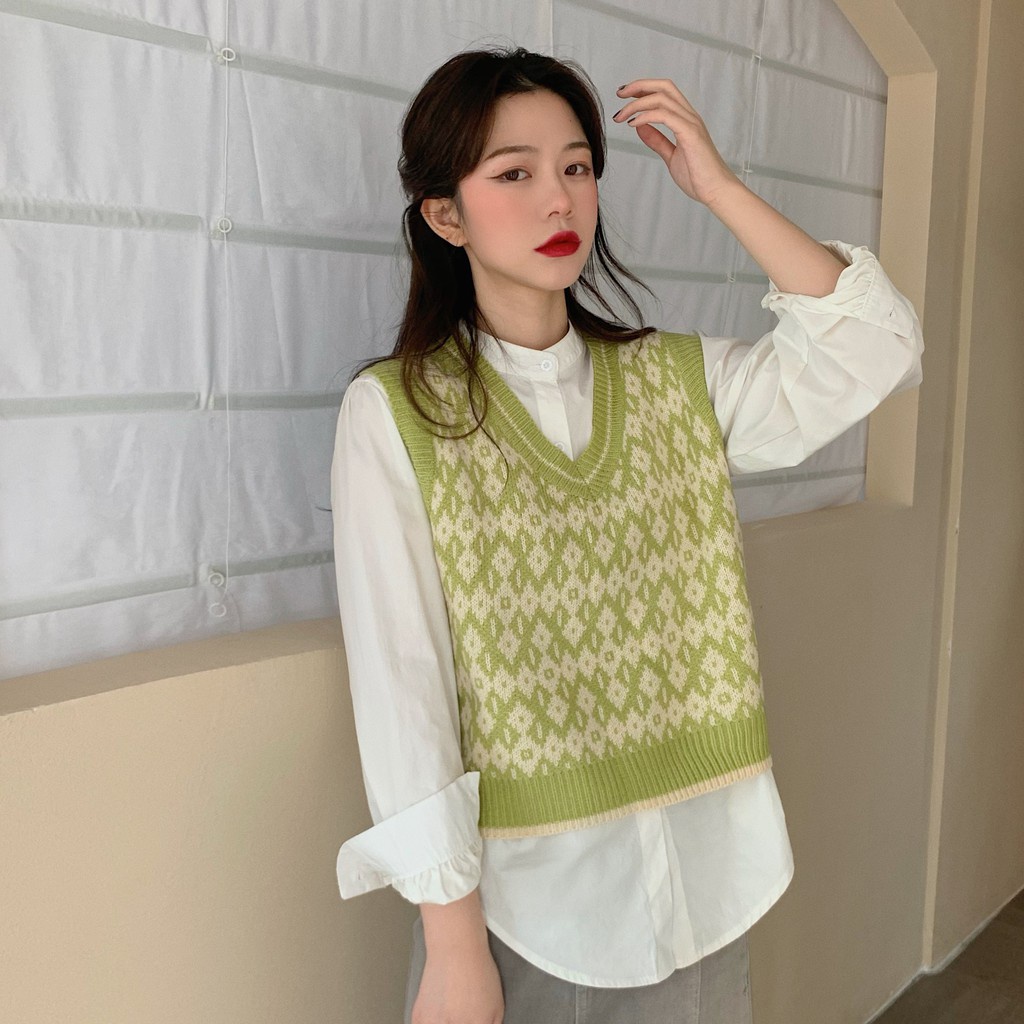 Rompi Rajut Korea Style Baru Wanita V-neck Knit Vest Atasan Tanpa Lengan