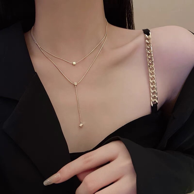 Kalung Titanium 2 Layer Kotak Gold Trending Korea Fashion Style