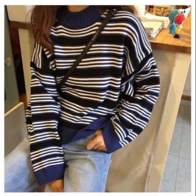 AGNES stripe rajut blaster navy | sweater rajut wanita