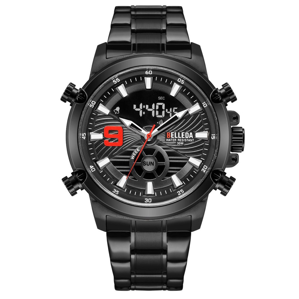 BELLEDA 9123 - JAM TANGAN PRIA ANALOG DIGITAL STRAP RANTAI DAN KULIT