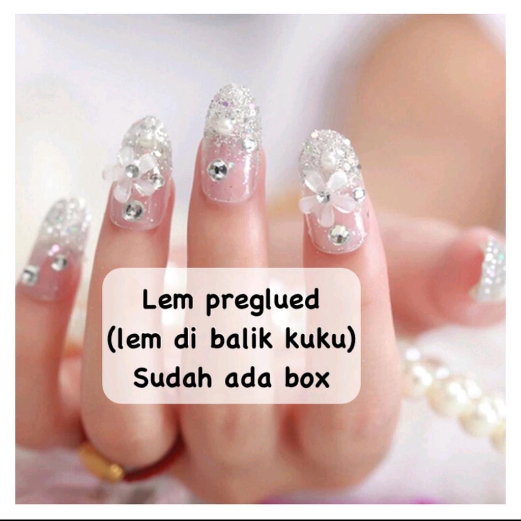 24PCS SILVER WEDDING FAKE NAILS KUKU PALSU PERNIKAHAN KUPAL PERKAWINAN RHINESTONE GLITTER FAKE NAILS