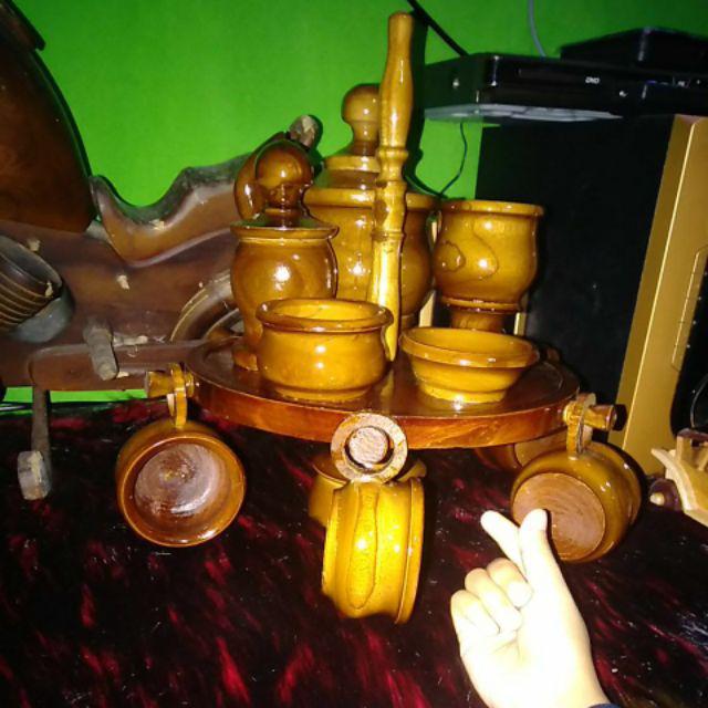 (bisa Cod) Satu Set Teko Gelas Dan Cangkir Model Gantung Bahan Kayu Jati - Dekorasi Hiasan Meja Tamu