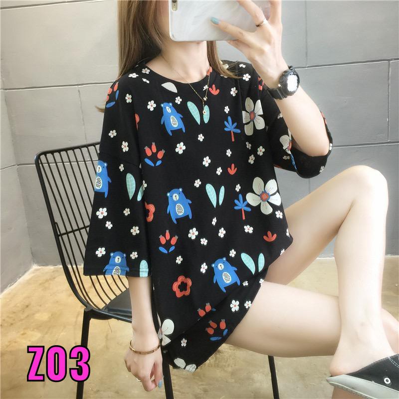 Oversize Tee Tshirt   Wanita Model Longgar Motif Bear Bunga Z03