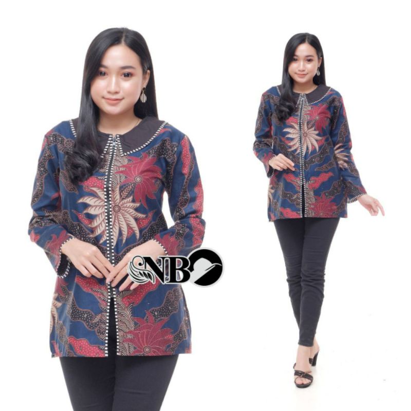 M-L-XL-XXL ATASAN BATIK WANITA MODERN ASJ SA HRB026 MONALISA GENES BLOUSE-BZK MM Navy