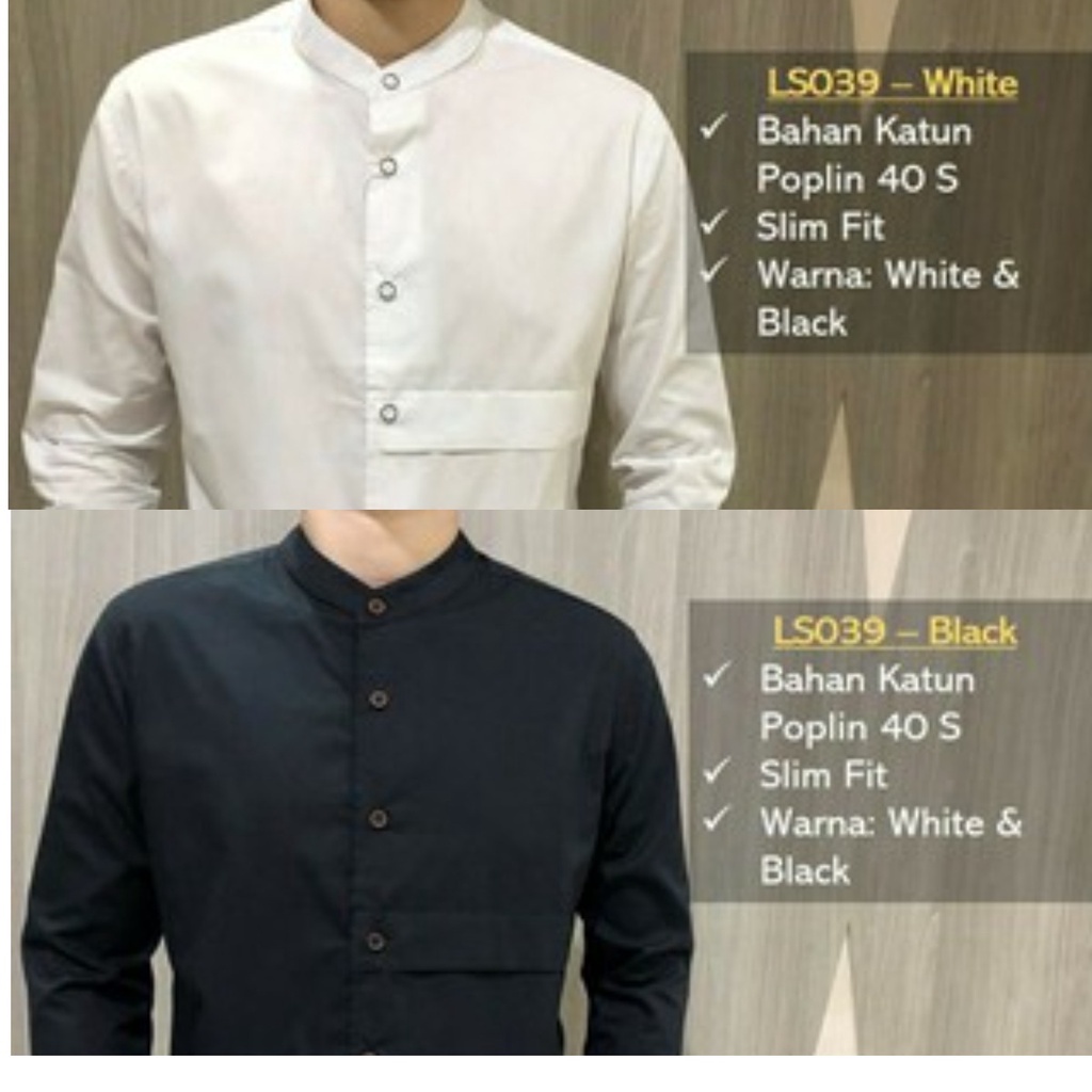 Kemeja Koko Polos Black & White Pria Katun Lengan Panjang SlimFit Keren [LS039]