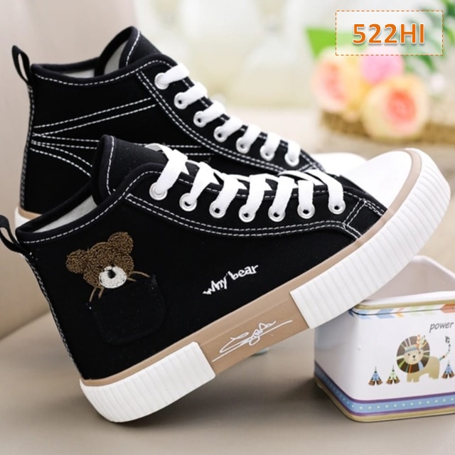 Sepatu Sneakers Wanita Kanvas Keren AS 168 Cewek Whybear High Sole 3 cm Hitam Putih (522)