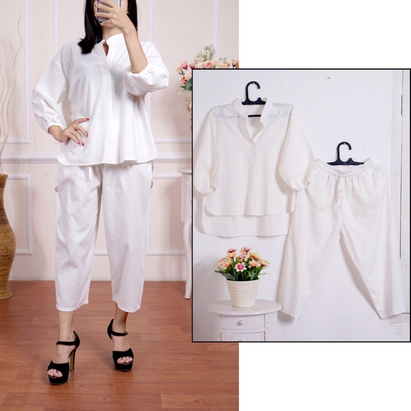 Setelan Wanita Atasan setelan kulot, setelan wanita polos terbaru+Celana Kekinian Lucia set Linen one set terbaru