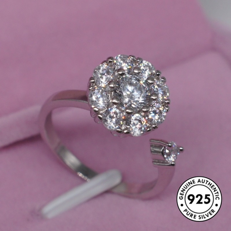 Cincin Sterling Silver 925 Model Terbuka Desain Bunga Hias Berlian Imitasi Untuk Wanita