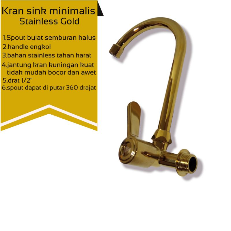 kran cuci piring Kran Angsa Cuci Piring 1/2 inch Kran Wastafel Stainless Steel Model Tembok Minimalis Gold