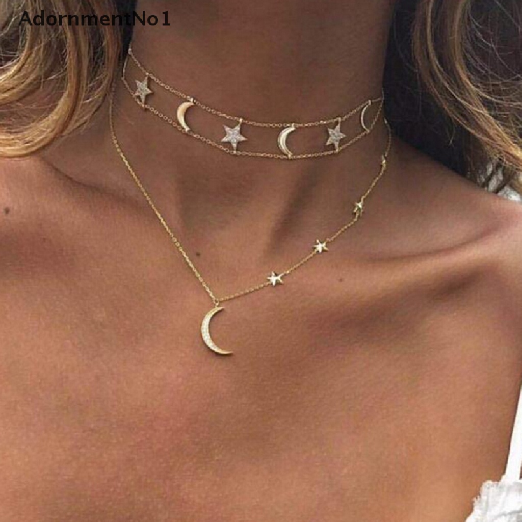 (AdornmentNo1) Kalung Choker Rantai Banyak Lapis Dengan Liontin Bulan + Bintang Warna Emas Untuk Wanita