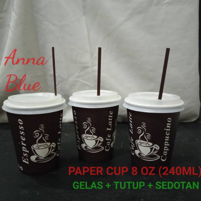 Anna_Blue GELAS KOPI KERTAS DENGAN TUTUP DAN SEDOTAN / PAPER CUP 8 OZ