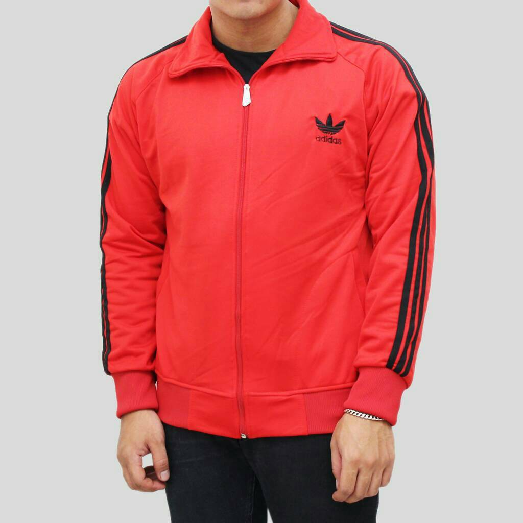 Jaket Pria Tracktop Adidas Firebird Merah Strep Hitam Polyster