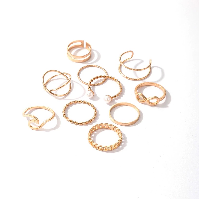 10 Piece/Set Retro Bohemian Alloy Imitation Pearl Simple 8 Word Rings Set