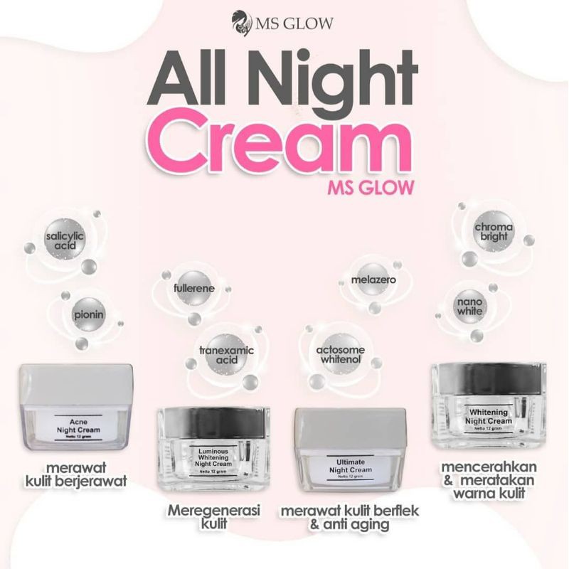 MS GLOW - NIGHT CREAM / CREAM MALAM ECER /  KRIM MALAM ACNE / WHITENING/ LUMINOUS / ULTIMATE / WHITE