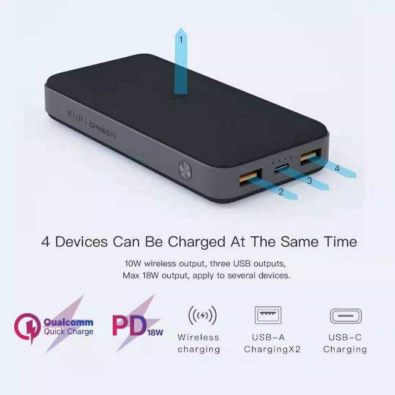 KIIP WIRELESS POWERBANK 10W FAST CHARGING PD &amp; QC 3.0 18W 20000mAh/10000mAh