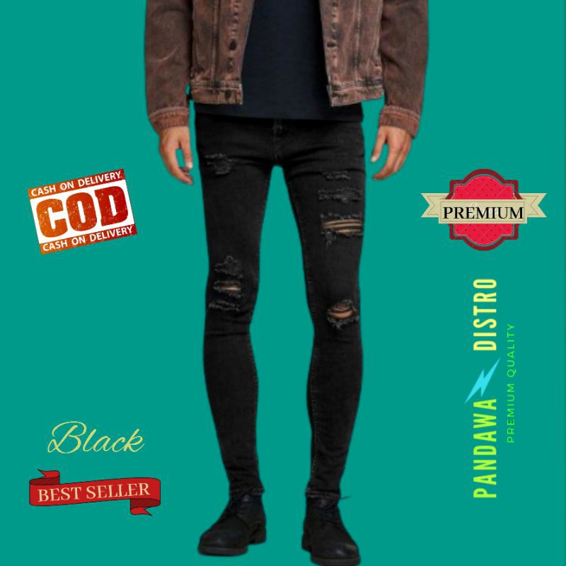 CELANA SOBEK PRIA RIPPED JEANS STANDAR REGULER BASIC HITAM PREMIUM 27-38