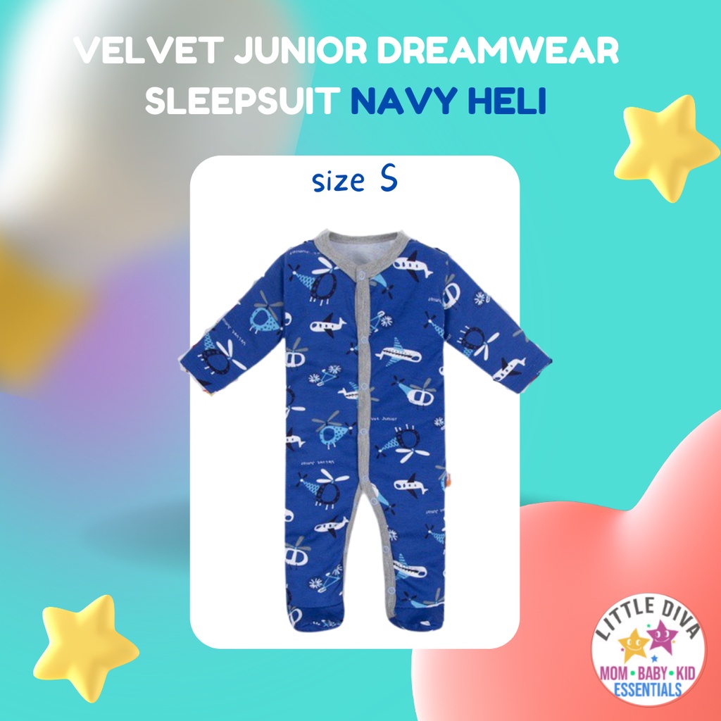 SLEEPSUIT Bayi size S / M / L NAVY HELI Velvet Junior TOPI Model KAKI TERBUKA alt vv