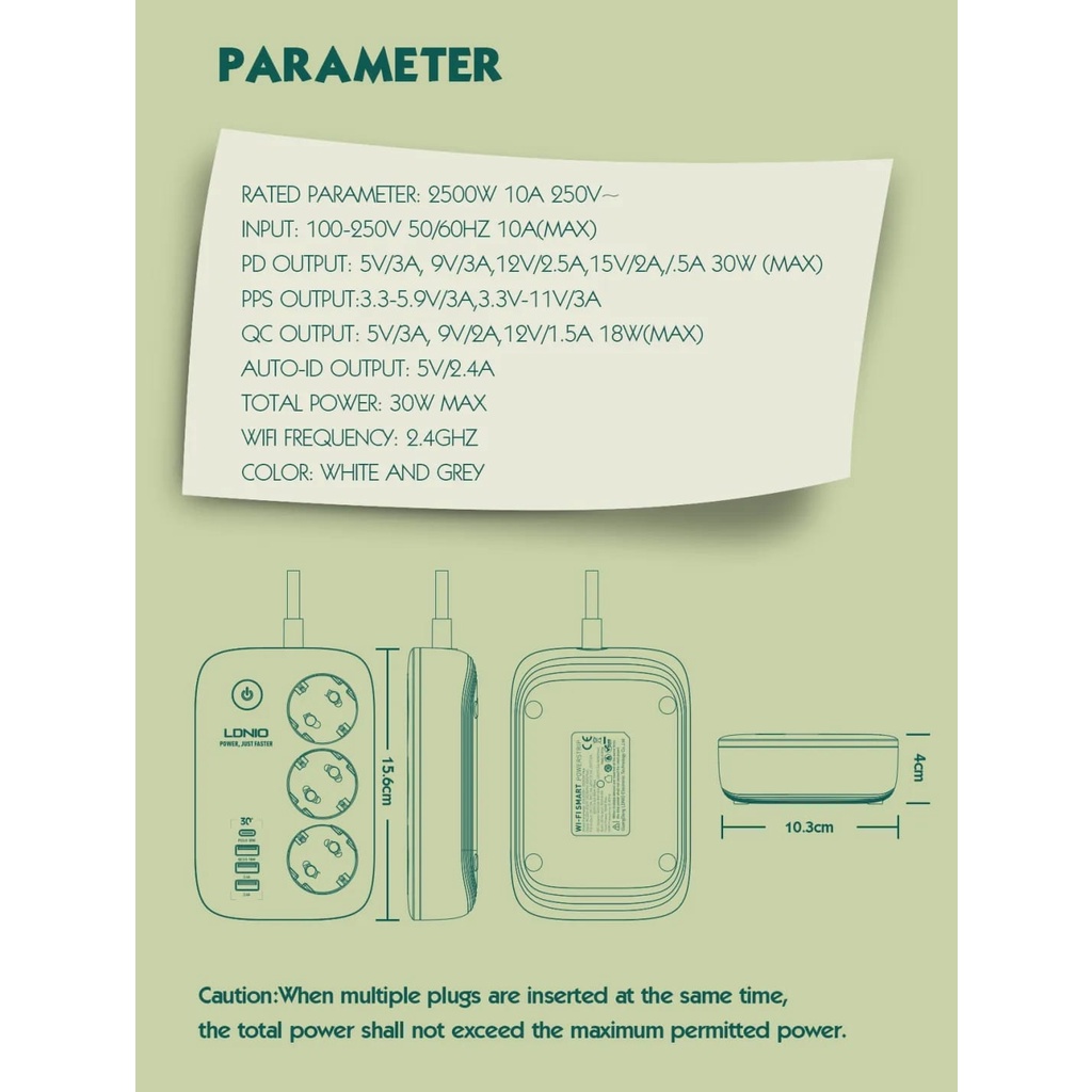 Wifi Stop Kontak Ldnio 3 power soket PD + QC 3.0 + 2 USB smart SEW3452