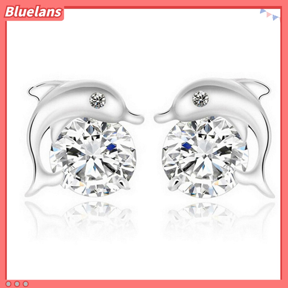 Anting Stud Bentuk Lumba-Lumba Bahan Cubic Zirconia Lapis Silver Untuk Wanita