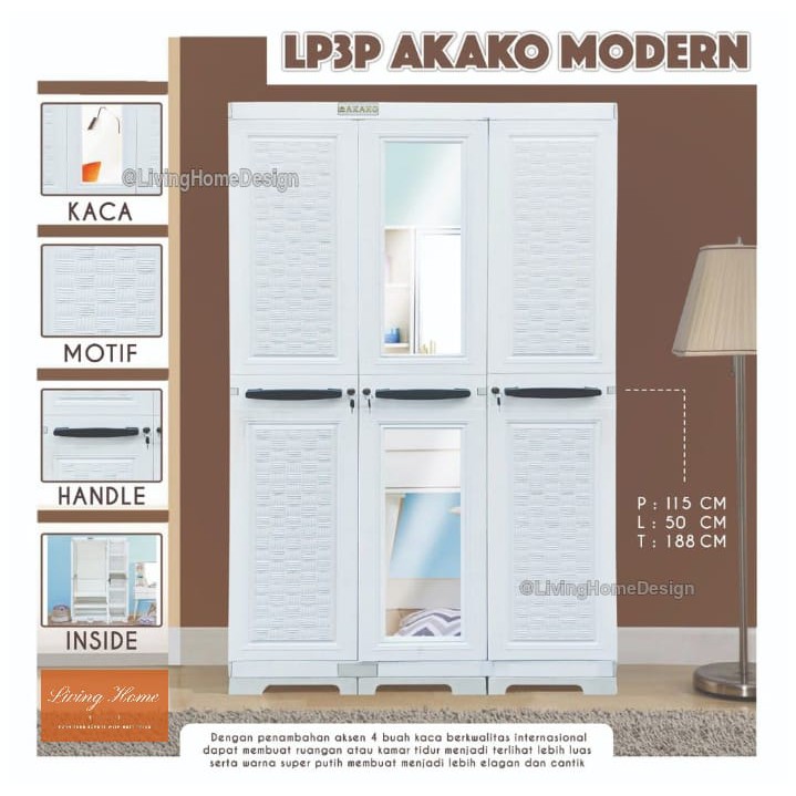 Lemari Plastik AKAKO 3 PintuType LP3P Modern Elegant Kaca Minimalis Plastik Murah Berkualitas